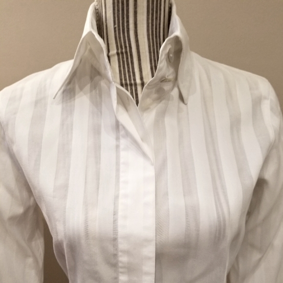 Anne Fontaine Classic White Alternating White Stripe Hidden Button Down Shirt - Picture 13 of 14